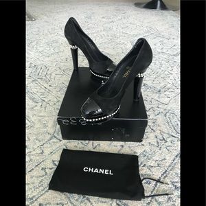 Chanel Black Pearls Platform 5” Heels + Box 40.5